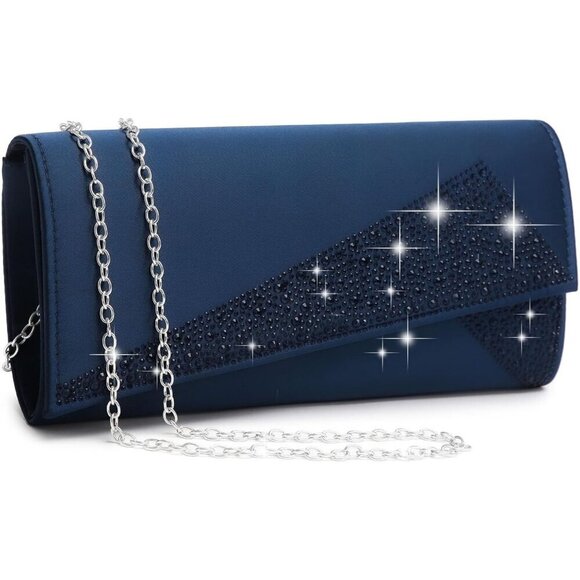 Handbags - Women's Navy Satin Rhinestone Evening Clutch Bag Sparkle Glitter Purse